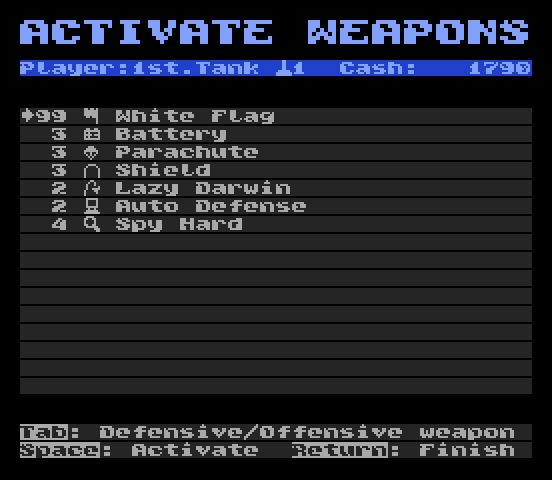 Defensives activation screen.
